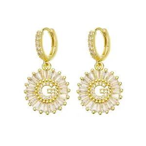 14K Gold Plated Cubic Zirconia Initial Hoop Earrings | A-Z Alphabet Sunburst Dangle Earrings, Personalized Jewelry for Women huggie lightweight piercing
