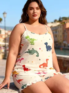 Spring Summer Sexy Cartoon Colorful Dinosaur Print Spaghetti Strap Sleeveless Halter Top + Short Pants Pajama Set, Plus Size Fashion Women's Homewear, Loungewear, Nightwear, Pjs