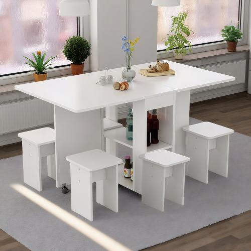 [Bellemave]5-piece set/Folding Drop Leaf Dining Table Set for 4 with 4 Chairs, Space Saving Foldable Dining Table with Storage and 6 Wheels, 47.2 inch D x 23.6 inch W x 30.3 inch H, White