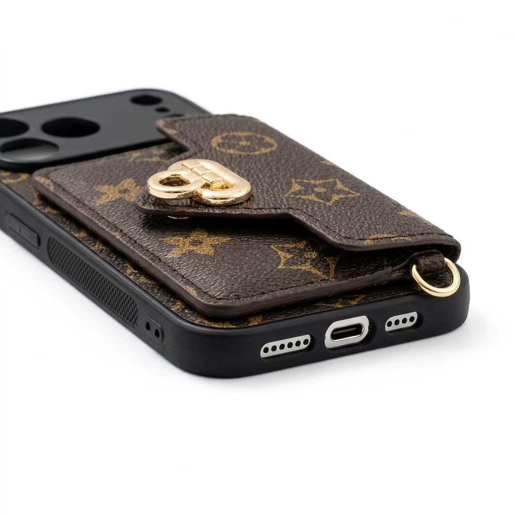 iPhone 16 Pro Max Case with Bear Shoulder Strap & Card Holder for iPhone17ProMaxCase Protective Cover with  Pattern and Gold Hardware