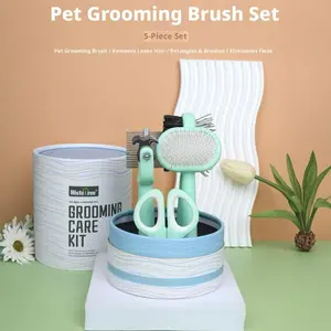 5 in 1 Cat Dog Grooming Kit Double Sided Comb Needle Comb Horsehair Brush Flea Comb Nail Clippers Shedding Tool
