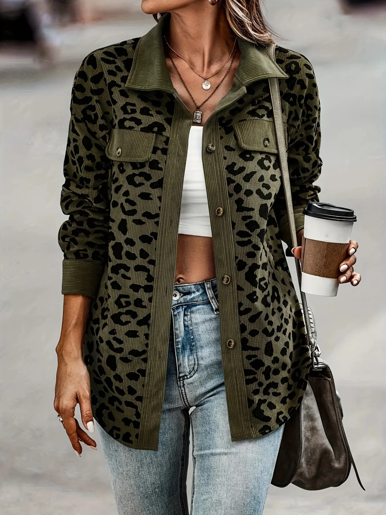 Leopard Print Corduroy Notch Lapel Long Sleeve Shirt Jacket for Women, Spring Fall Loose Retro Aesthetic Casual Single Button Open Front Outerwear Coats