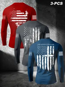 American Flag 3-Pack Men's Round Neck Long Sleeve T-Shirts, Motocross Streetwear, Three Color Options, Perfect for Various Outdoor Activities