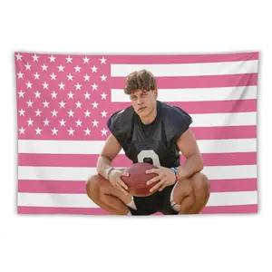 Joe Star Burrow Pink American Flag Tapestry, aesthetic room decor, funny room decor, Joe Burrow gift