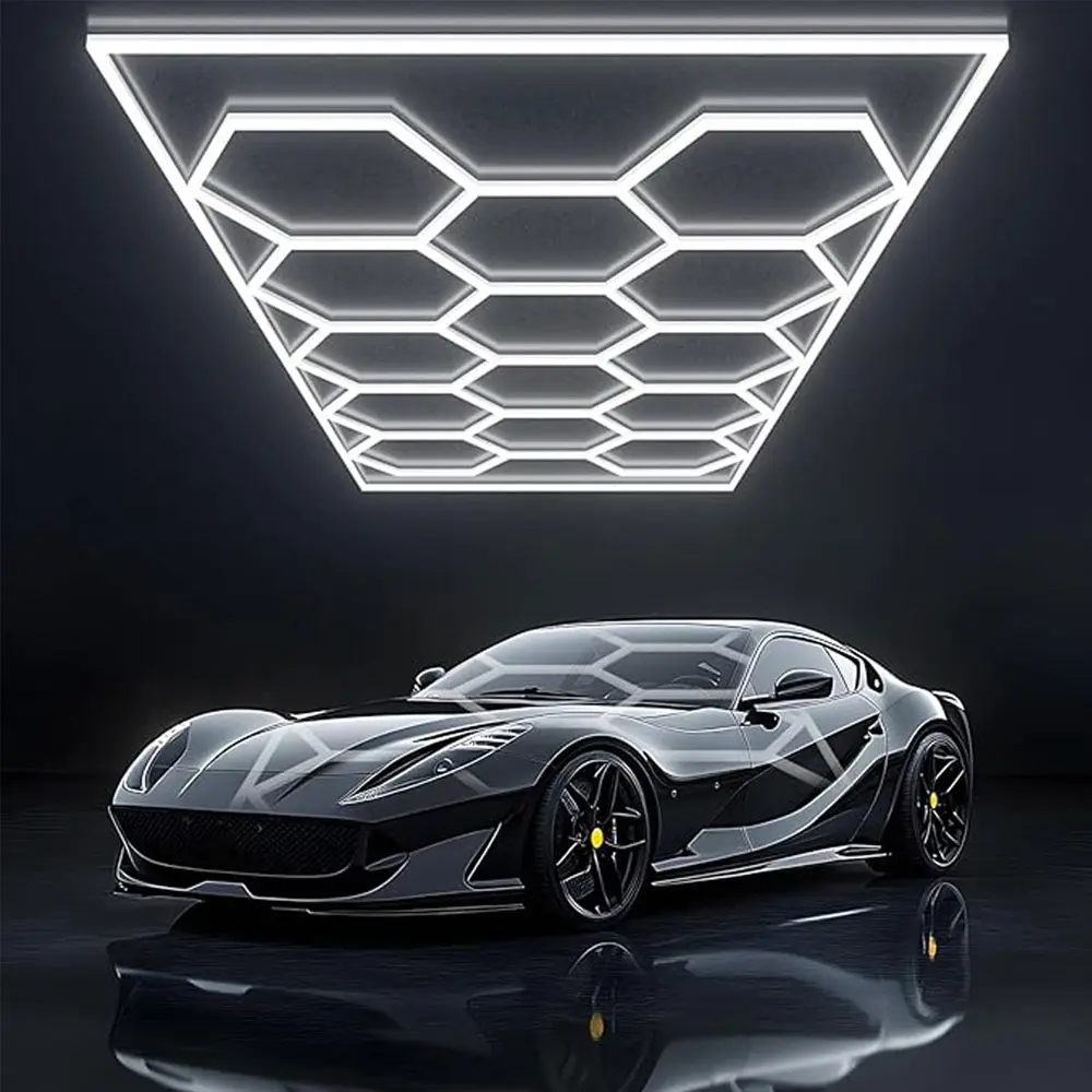 Ultra Bright Hexagon Garage Lights.720W 6500K Hexagon LED Light Garages with Rectangle Frame.14 Grid Honeycomb Hex Led Lights System for Garage,Car Detailing Shop, Basement,Warehouse