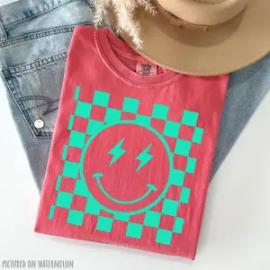 Comfort Colors Checkered Smiley Print Tee, Summer Tee, Oversized Shirt, Unisex Garment-Dyed T-shirt