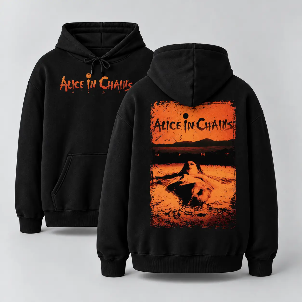 Alice in Chains Vintage Washed Hoodie, Double-Sided Orange Graphic Print, Oversized Grunge Rock Band Pullover Sweatshirt, Unisex Alternative Streetwear