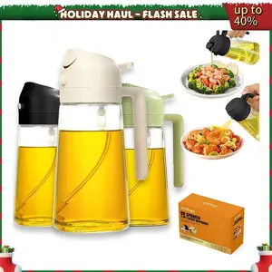 3Pack 470ml Glass Oil Sprayer 2-in-1 Dispenser for Air Fryer Portion Control Kitchen Gadget Salad BBQ & Frying Black Green White