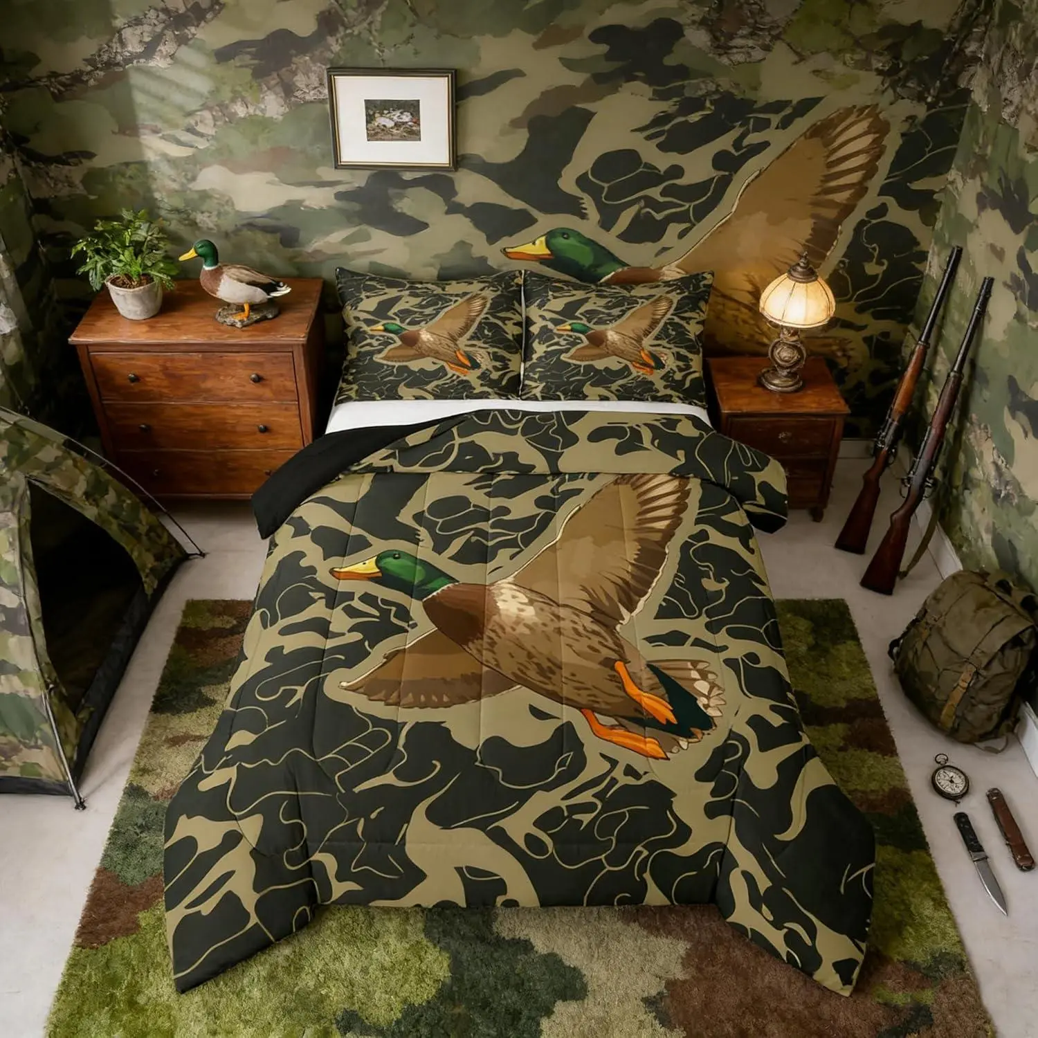 Mallard Duck Bedding Set Soft,Duck Hunting Comforter Set Camouflage Duvet Quilt Microfiber Wild Animal Bedroom Decor