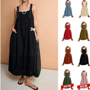 Yeokou Women's Barrel Midi Dress Sleeveless Strappy Maxi Dress with Big Pockets & Adjustable Straps Minimalist Basic Casual Fall Dress