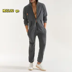 Men's Hooded Fleece Lining Jumpsuit, Long Sleeve Full Zipper Overalls With Kangaroo Pockets Sports Jumpsuits