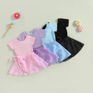 Toddler Girls Ballet Leotards, Short Sleeve Round Neck Dance Outfit with Removable Skirt 2-10T