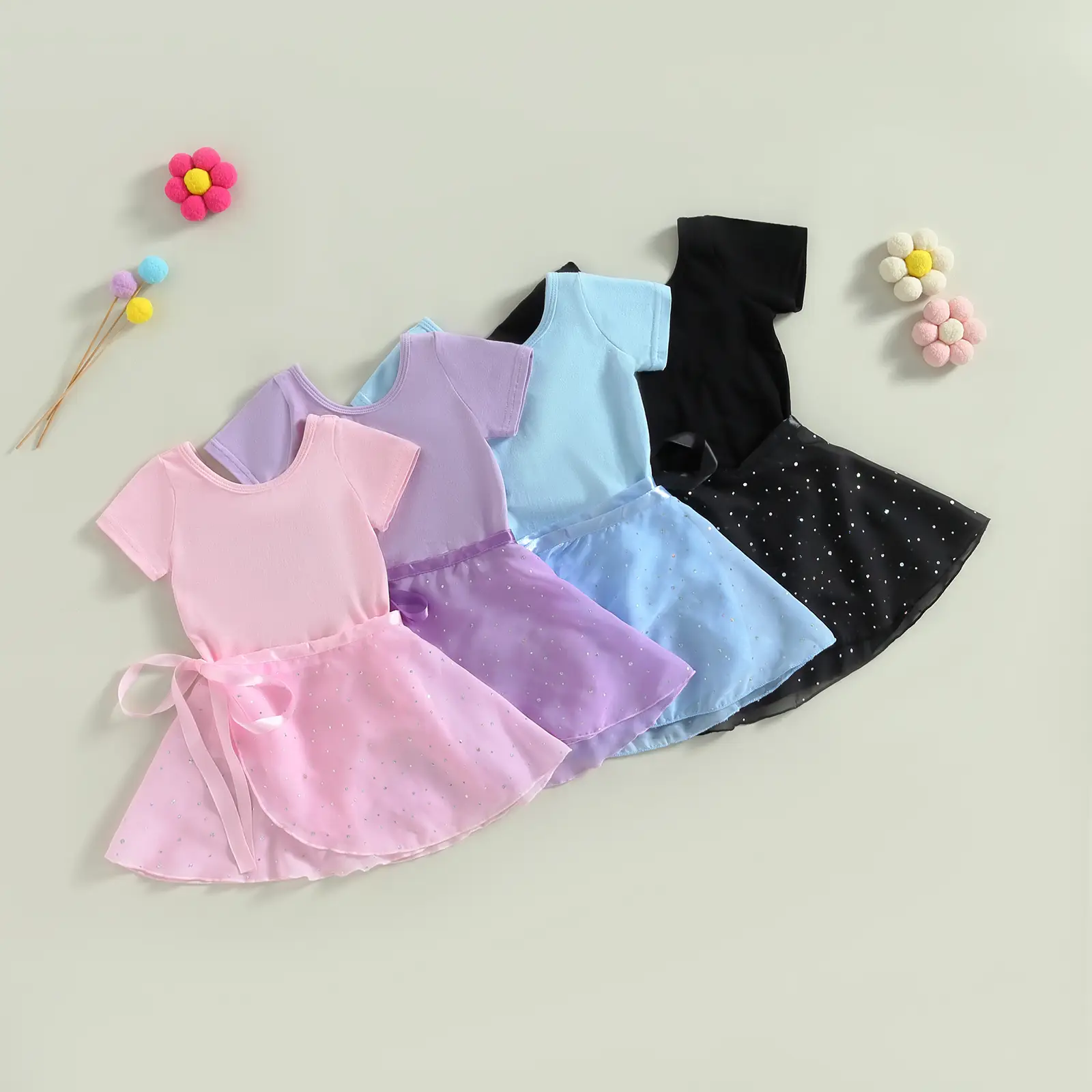 Toddler Girls Ballet Leotards, Short Sleeve Round Neck Dance Outfit with Removable Skirt 2-10T