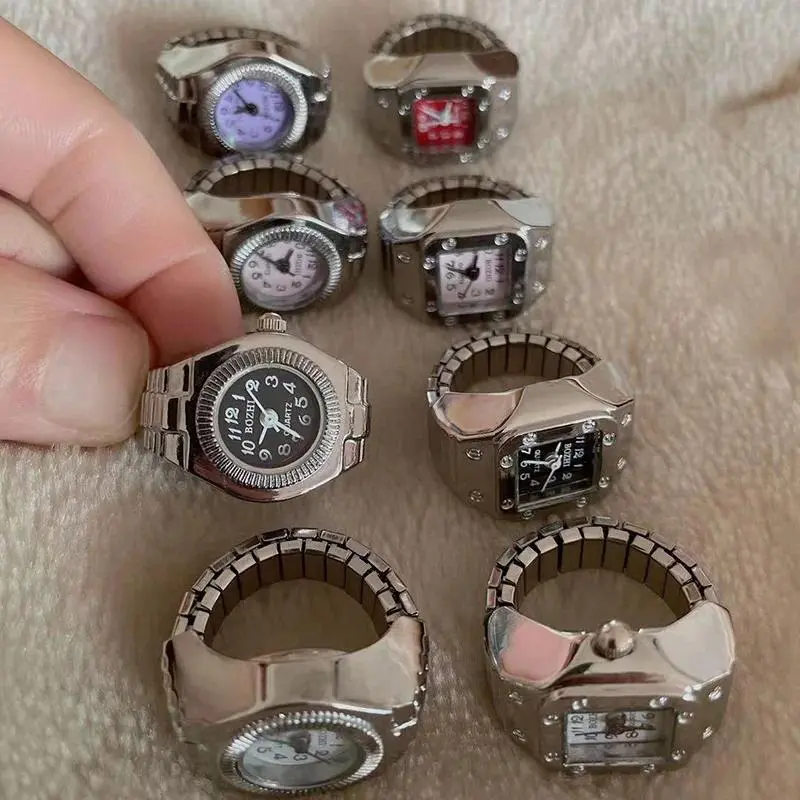 Retro Punk Finger Watch Ring Mini Elastic Strap Watches Couple Rings Jewelry Clock Retro Roman Quartz Watch Ring for Women Girls