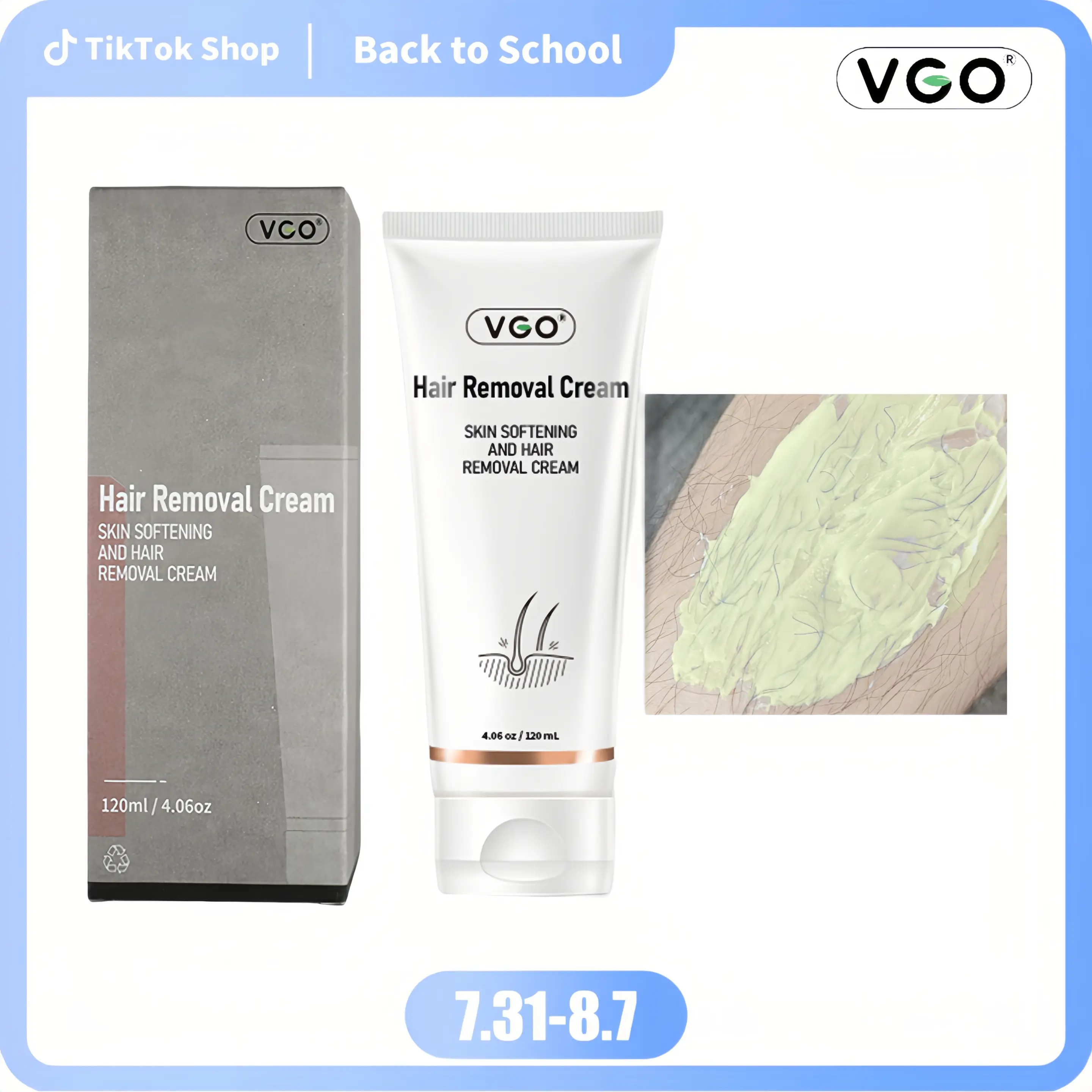 VGO Gentle Hair Removal Cream - Organic Painless Hair Remover for Silky Smooth Skin, Daily Use for Arms Legs Toes, Suitable for All Skin Types Including Sensitive, 4.06 oz (120ml) Travel Tube for Adults, Simple Application