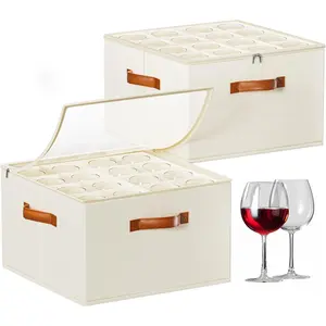 Glass Storage Box with Dividers, 2 Pack Glassware Storage Containers, Stemware Storage Cases Holds 32  Glasses, Stackable  Storage Containers with Clear Cover for Moving,Beige