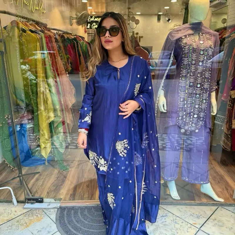 Women's Heavy blue  Simple Wear Plazo Suit Wedding Punjabi Sui Pakistani Embroidery Work Pure Natural Crep Silk Top Bottom & Dupatta Set