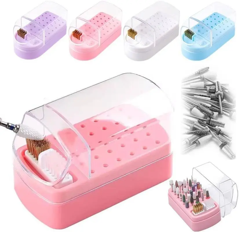 1 Count 30-Hole Nail Drill Bit Storage Box with Cleaning Brush – Dustproof Display Case & Organizer for Manicure Bits, 2-in-1 Holder and Cleaner Tool