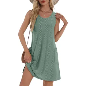 SKIKREMIO Ladies Casual Loose Sleeveless Eyelet Sundress, 2026 Summer Beach Cover Up Tank Dress with Pockets
