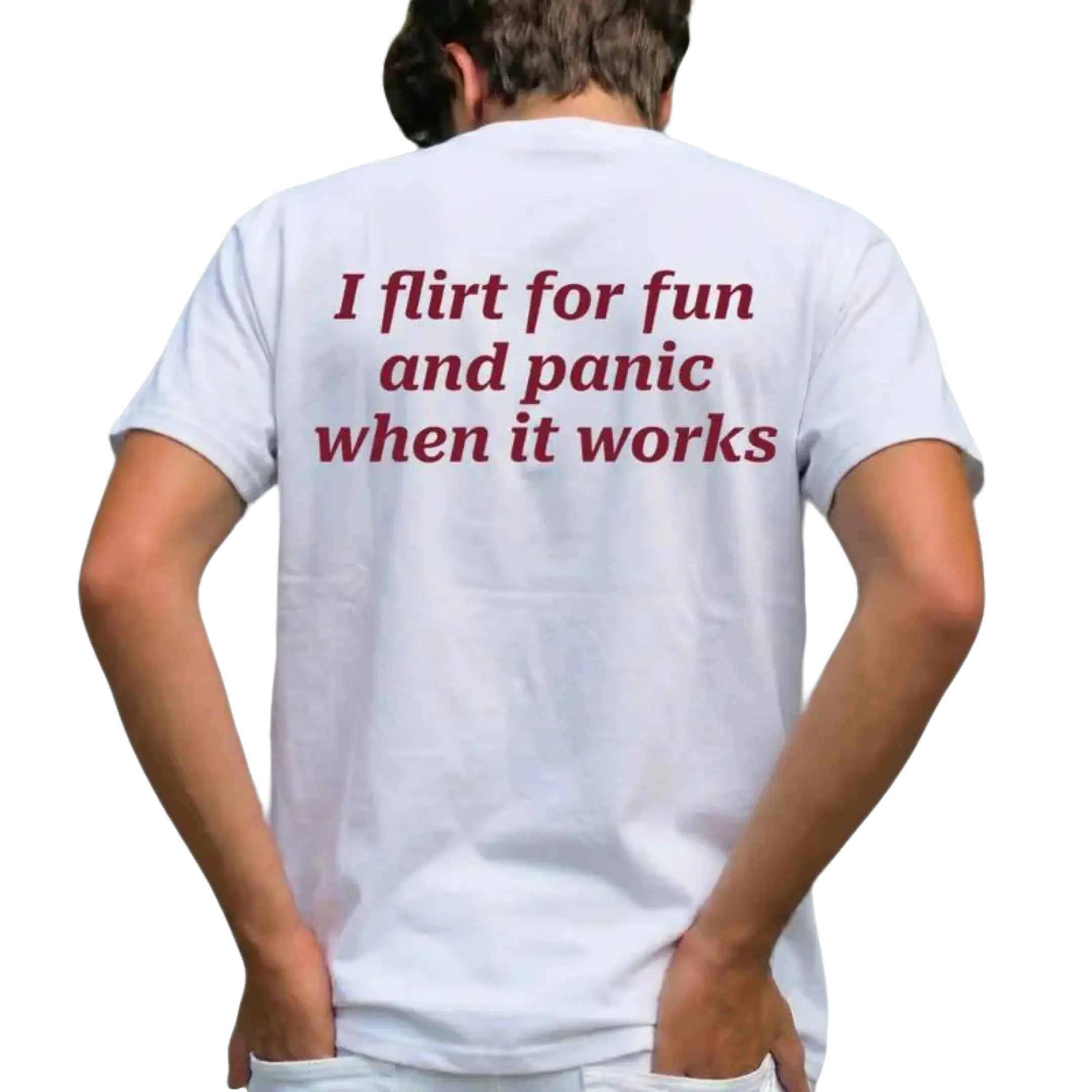 Men's Casual Cotton Short-Sleeve Round Neck Relaxed Fit Seamless Graphic Tshirt - Funny Streetwear "I Flirt For Fun And Panic When It Works" Statement Top, Reinforced Hem, Gift Option, Breathable Cotton Fabric