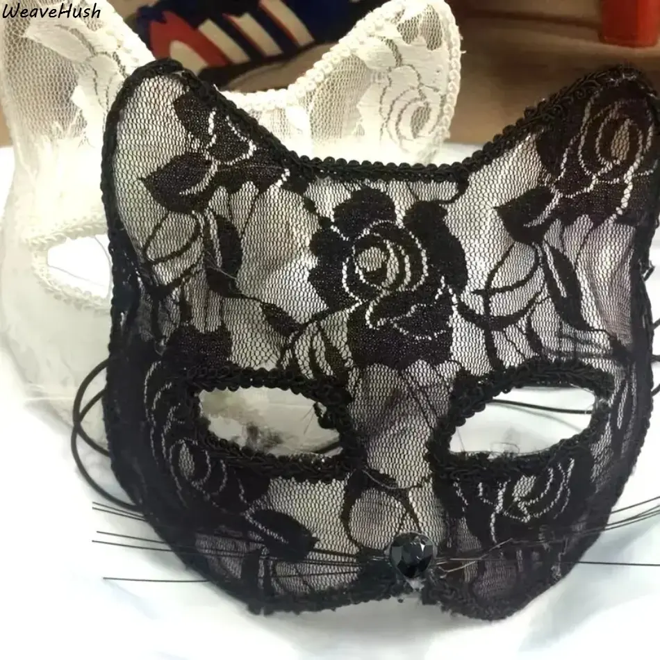 Women's Feminine Elegant Lace Cat Half-Face Venice Mask - Indoor Recreation Accessory, Party Prop, 1 Size (Non-Adjustable) for Halloween, Cosplay Events