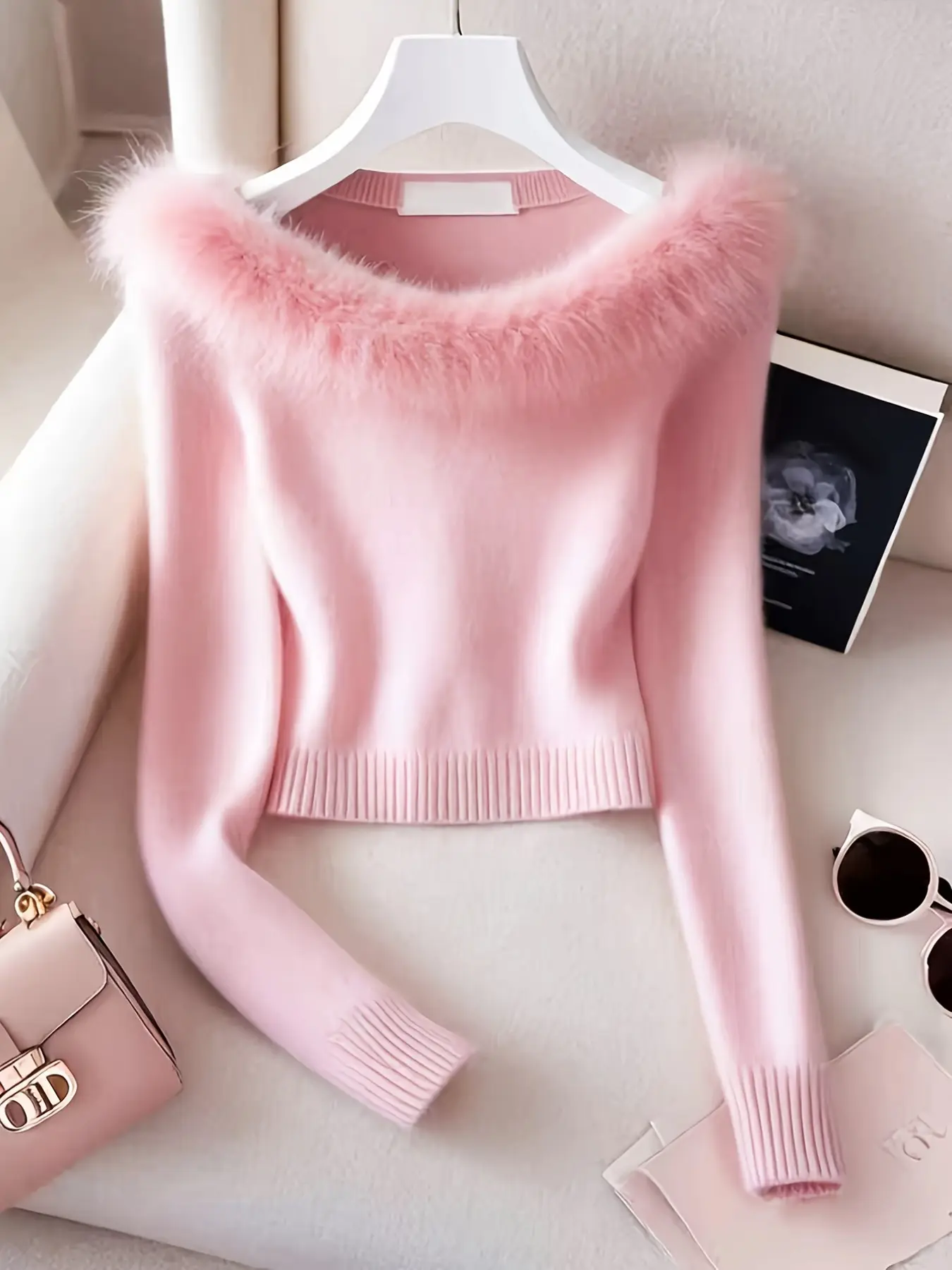 Women's Fuzzy Off-Shoulder Knit Sweater, Slim Fit Short Pullover, Perfect for Fall & Winter, Casual Plain Style