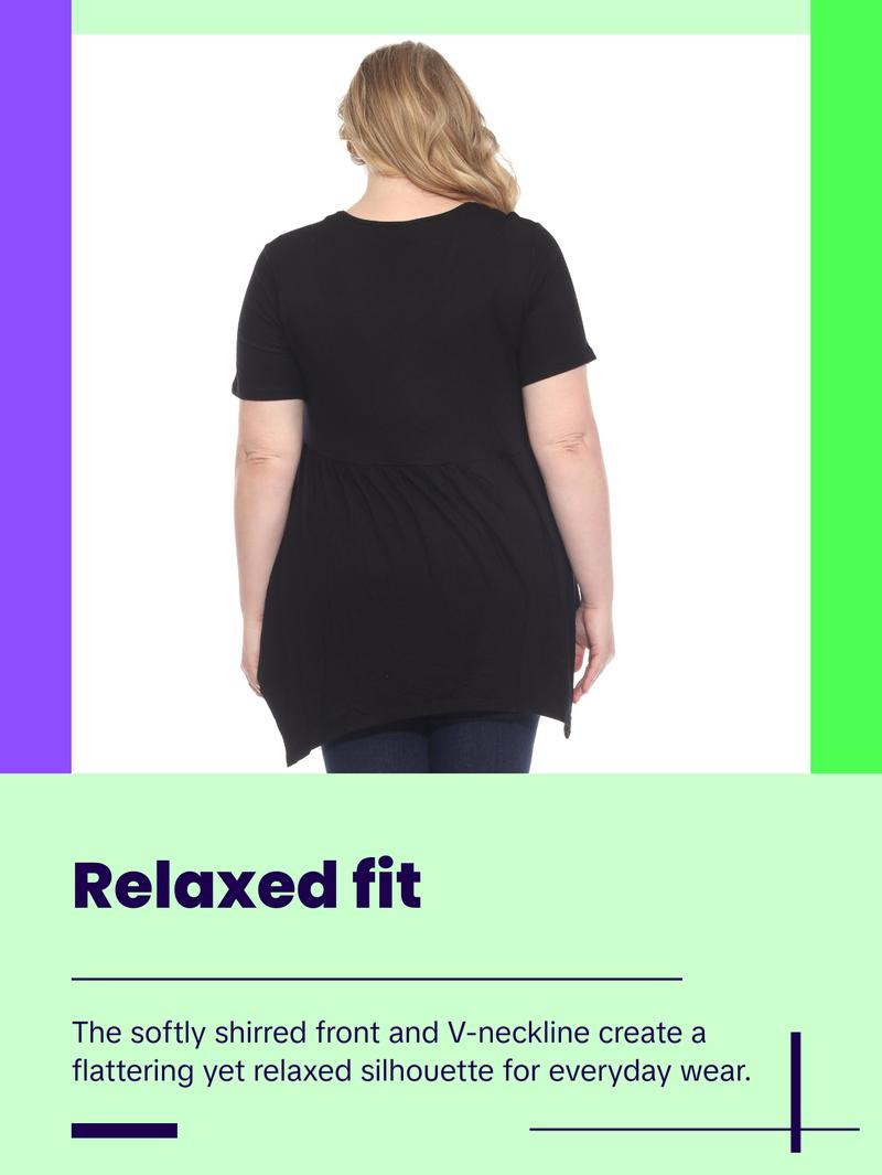 White Mark Short Sleeve Shirred Front Knit Tunic Top with Pockets, Women's Plus, 1X-3X