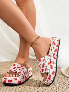 Summer Women's Cherry Print Fashion Thick Sole Sandals, Strapless Open-Toe Anti-Slip Soft Bottom, Casual Beach Shopping Shoes