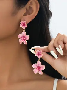 1 Pair Handmade Elegant Luxury Gradient Tie Dye Pink Drip Oil Layered Eggplant Flower Pendant Earrings For Women