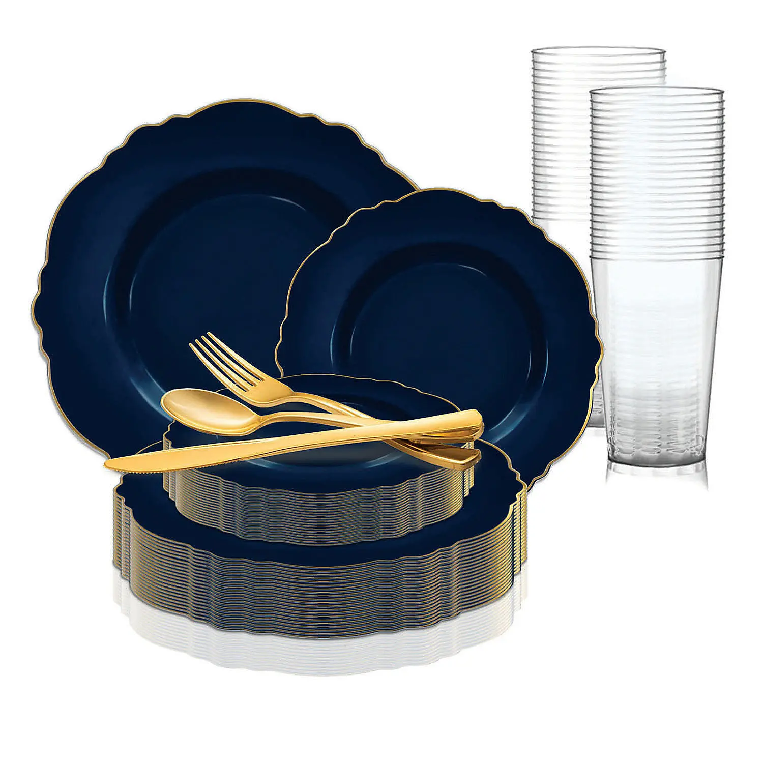 BPA-Free Plastic Disposable Dinnerware Value Set (60 Settings) - Navy Round Blossom Design, Gold Rim Polystyrene Plates, Cups, Spoons, Forks, Casual Disposable Tableware Party Supplies Kit