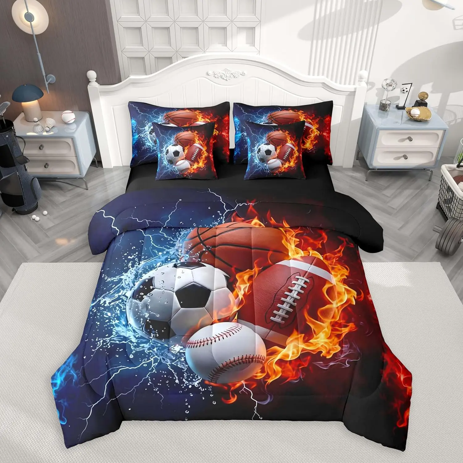 Boys Sports Comforter Set with Sheets 7 Piece Football Baseball Soccer Bed in a Bag Basketball Bedding Set Ball Game Sports Bedroom Decor Breathable Soft Microfiber