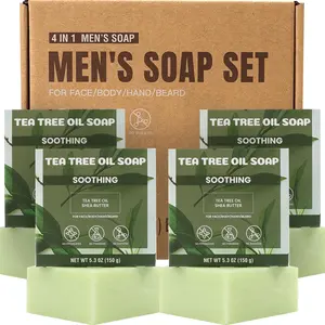 Rinse & Robust Mens Tea Tree Oil Soap Bar Set, 4Pcs Natural Handmade Tea Tree Soap with Shea Butter, Moisturizing & Exfoliating Bar Soap for Face Body Hands | 5.3 oz of 4 Bars