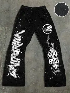 Men's Casual Long Pants, Starry Glitter Print, Graffiti Letters & 888 Totem, Street Style, Drawstring Waist, Comfortable Silver Fabric, Casual Flare Leg