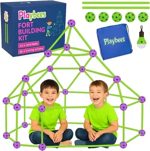 Playbees Fort Building Kit with Rods and Connectors 145 Pieces for Ages 4-8 & 8-12 STEM Toy Indoor Outdoor Play Tent DIY Castle Birthday Gift Construction Playhouse