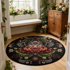 Round Carpet Spring Plant Floral Design Vintage Soft Velvet Bohemian Home Decor Rug for Living Room Bedroom Bathroom Kitchen Dining Boho Floral Rug