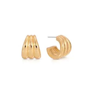Ettika Triple Ribbed Hoops – 18k Gold & Silver Plated Brass Earrings with Modern Ribbed Design