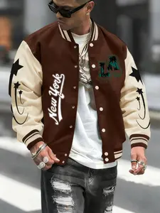 Men's Sporty Casual Baseball Jacket, Long Sleeve, Hip-Hop Style, Geometric Print, Five Colors, Button Closure, All Season, Stretchy, Warm, Gift Idea