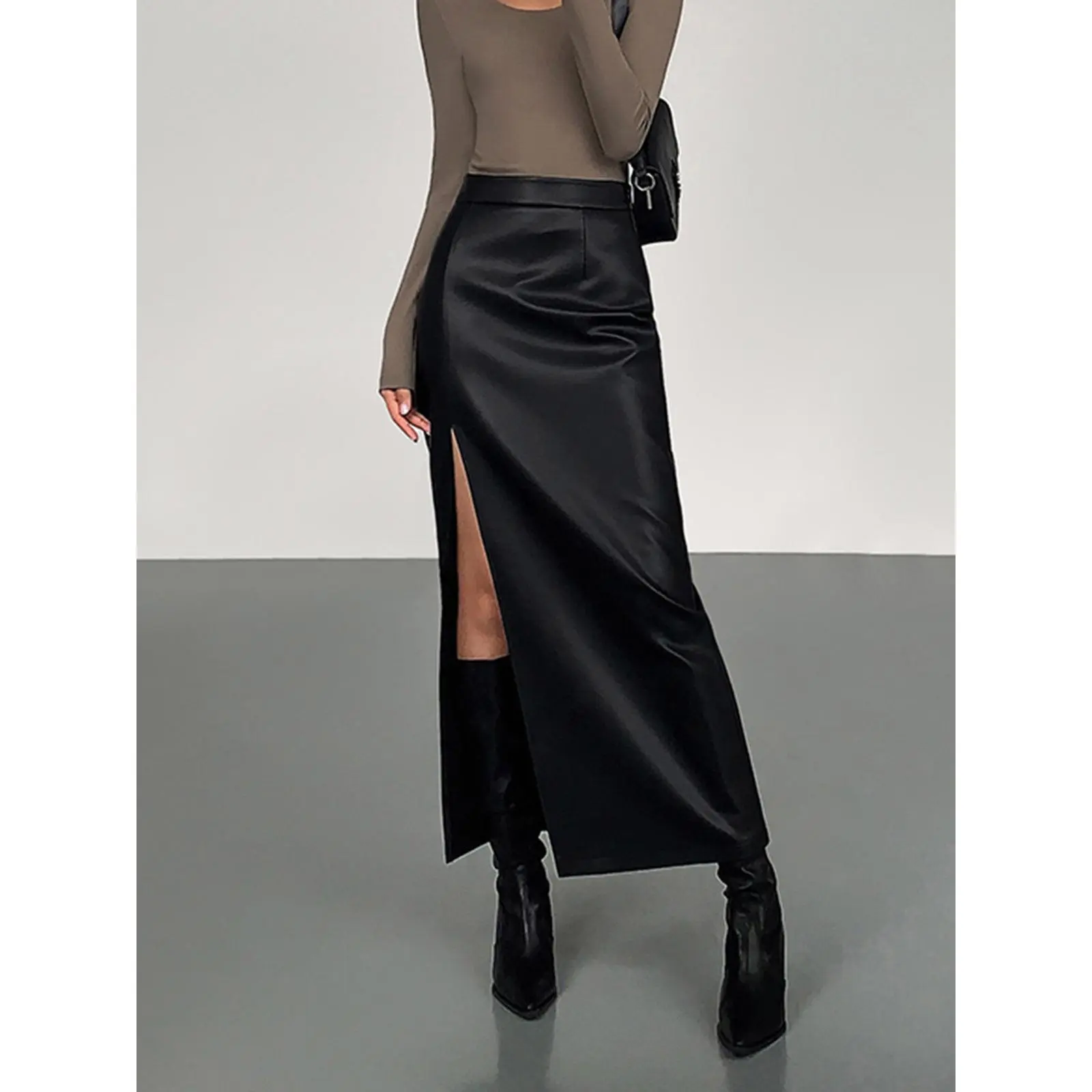 Side Split PU Leather Midi Skirt