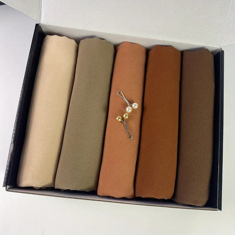 5-Piece Chiffon Hijab Gift Set for Muslim Women - Solid Color, Breathable & Fitted 100% Polyester Scarves with 2 Clips for Ramadan, Modest Hijab, 5Pcs, Dry Clean, Inelasticity