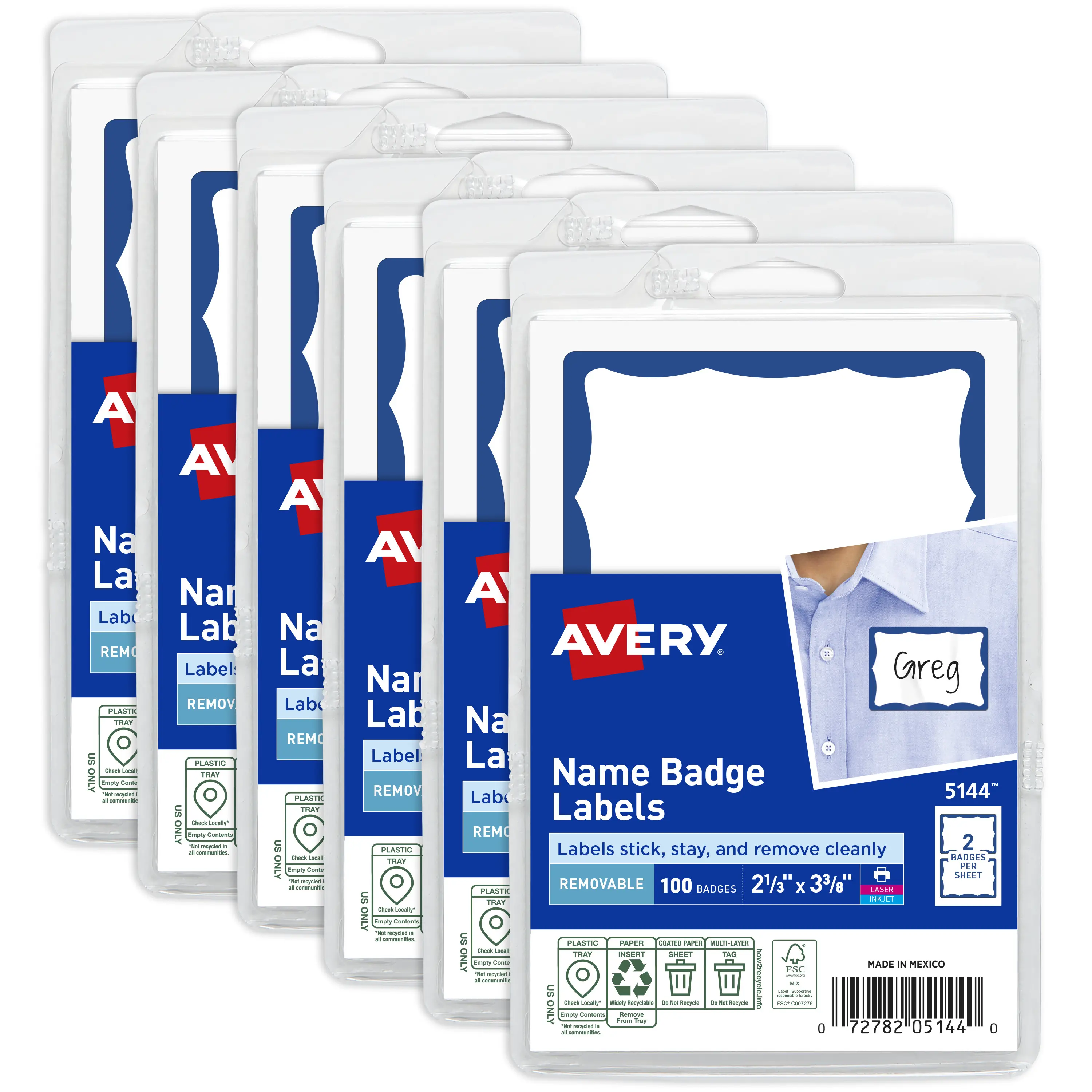 Avery® Personalized Nametags & Nameplates (ID Tags), 2-1/3in x 3-3/8in White with Blue Border, Removable Adhesive Paper Labels, 100/Pack, for Meetings, Parties, 6 Packs of 44144