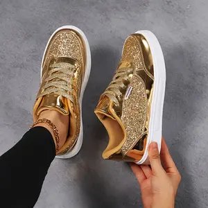 Ladies' Lightweight Lace-Up Low-Top Sneakers - Casual Shoes Adorned with Golden Sequins, Featuring a Minimalist Design Suitable for Running, Walking, And Everyday Wear, Perfect for All Seasons