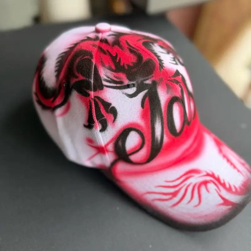 Airbrush Hat One Word - red ,White Baseball Cap with Custom Name . Dragon Design #44
