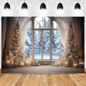10x8ft Christmas Winter Snow Scene Backdrop Banner - Large Window with Decorated Trees, Open Lanterns - Photo Booth, Home, Office Party Decoration - Realistic Snowy Landscape Background - Easy Hanging Adhesive Strips Included, Seasonal Home Decor