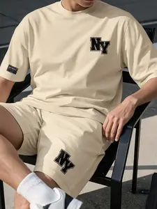 Men's 2 Piece New York City Theme Set, Casual T-Shirt & Shorts Outfit, Men'S Printed T-Shirt And Drawstring Waist Shorts Set, Summer Casual, Comfortable To Wear, Suitable For Daily Wear