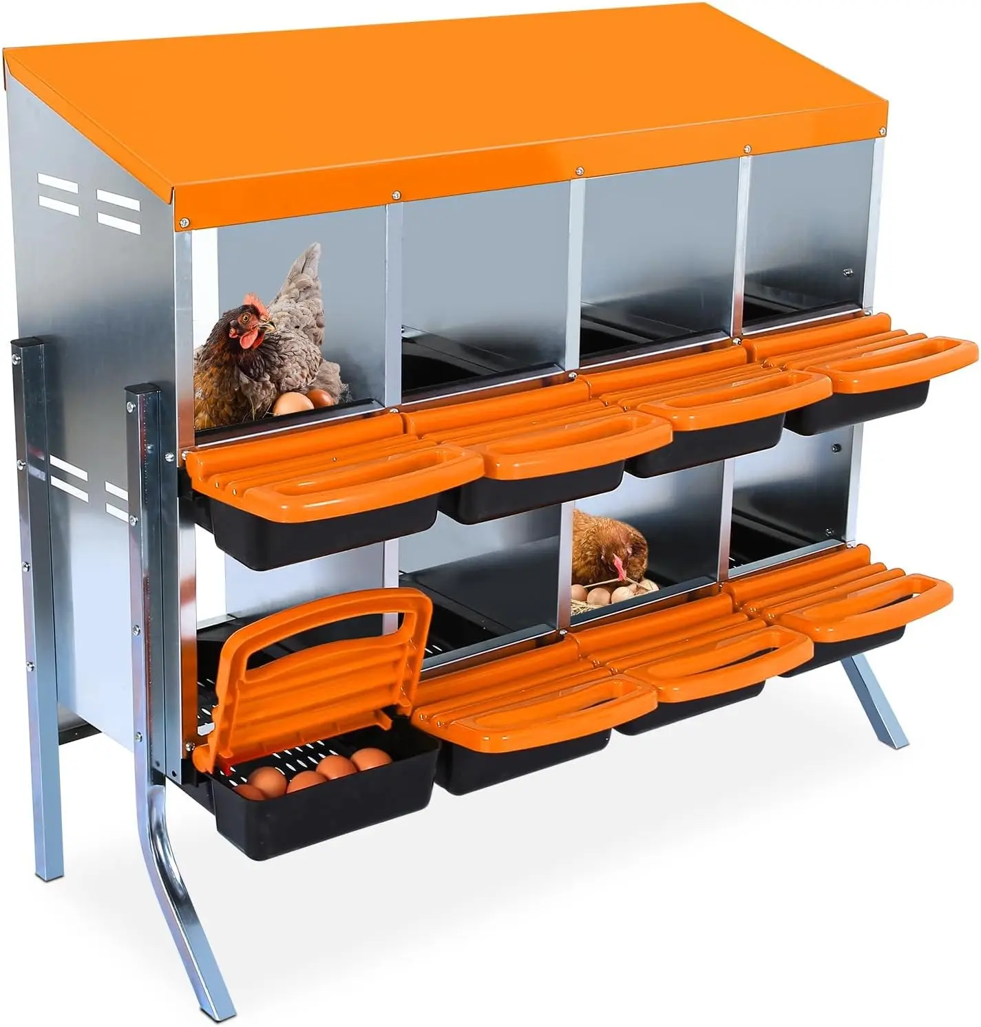8-Hole Ventilated Multi-Bird Chicken Nesting Box for Hens - Wall Mount, Egg Roll-Away System, Spacious Secure Build, Rustproof Plastic Tray, Hardware Keyhole Slots, 18-28in Height, Fast Installation, Orange Poultry Laying Box for Coops, Boosts Yield, Enco