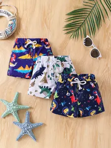 Boys' Cartoon Dinosaur & Island Print Quick-Dry Beach Pants Swimwear, 3 Pack, Casual Vacation Style, Summer Sea Water Playwear