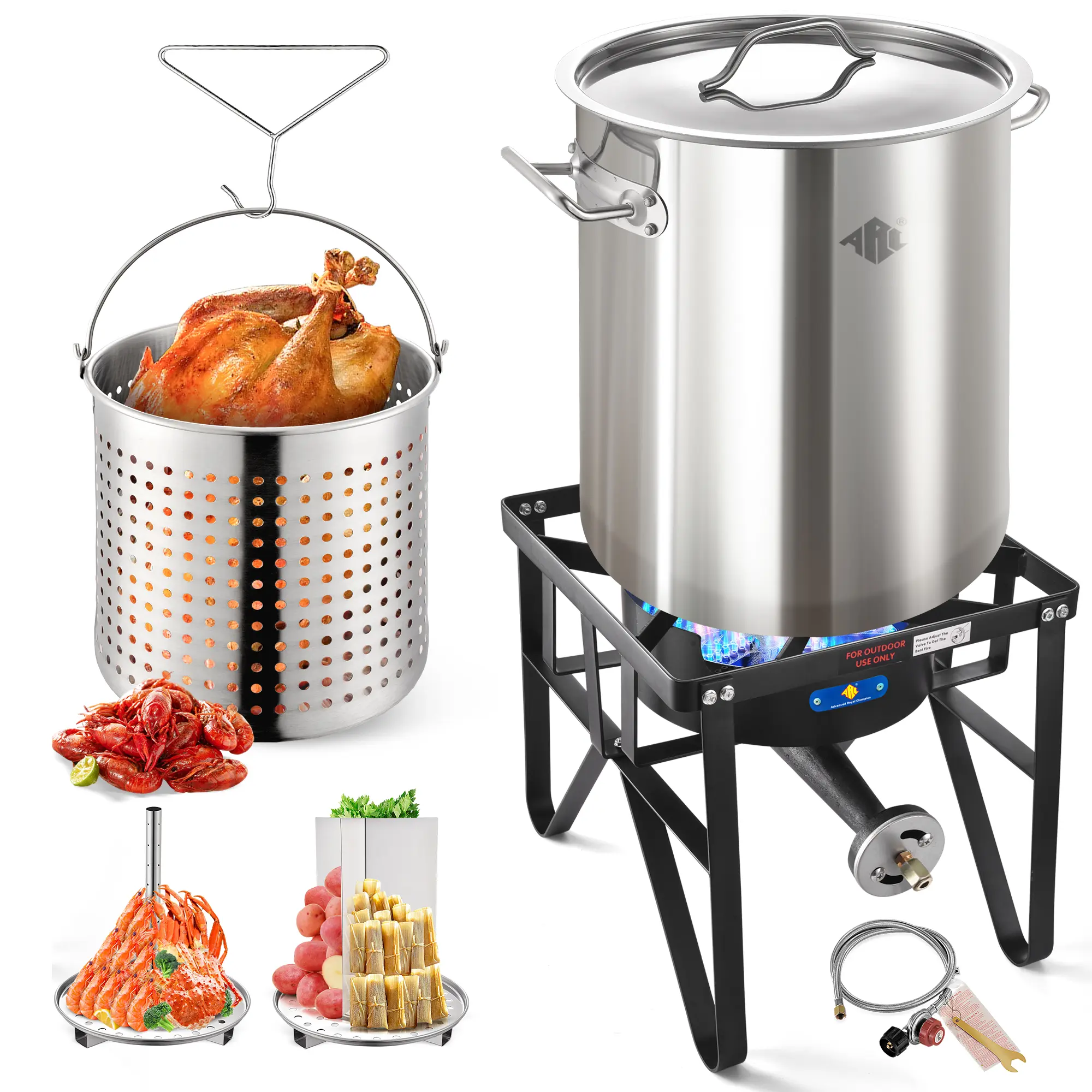 52QT Seafood Boil Cooker Kit with 200,000 BTU Cast Iron Burner, Stainless Steel Stock Pot, Strainer Basket, Divider, Steamer Rack & Tube, Safer Regulator Hose, Outdoor Camping Camp Kitchen Stove