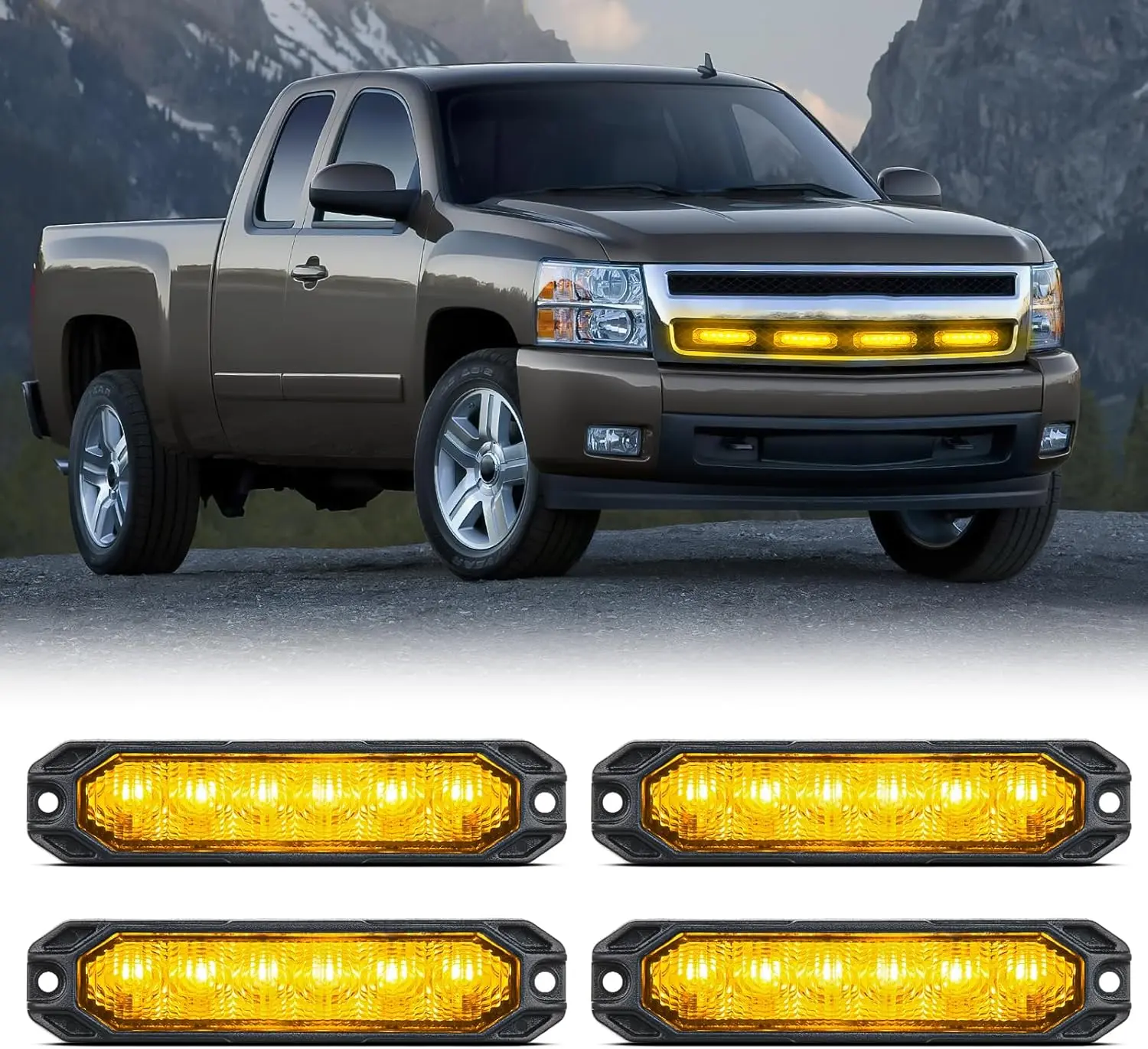Nilight 4PCS 6LED Amber Strobe Light Modules, 12V-24V Ultra Slim Surface Mount with Amber Lens, High Brightness Sync Flashing Safety Lighting, 17 Flash Modes, Behind Grill Fit for Cars/Trucks, Night Driving Automotive Accessory, Father's Day Gift
