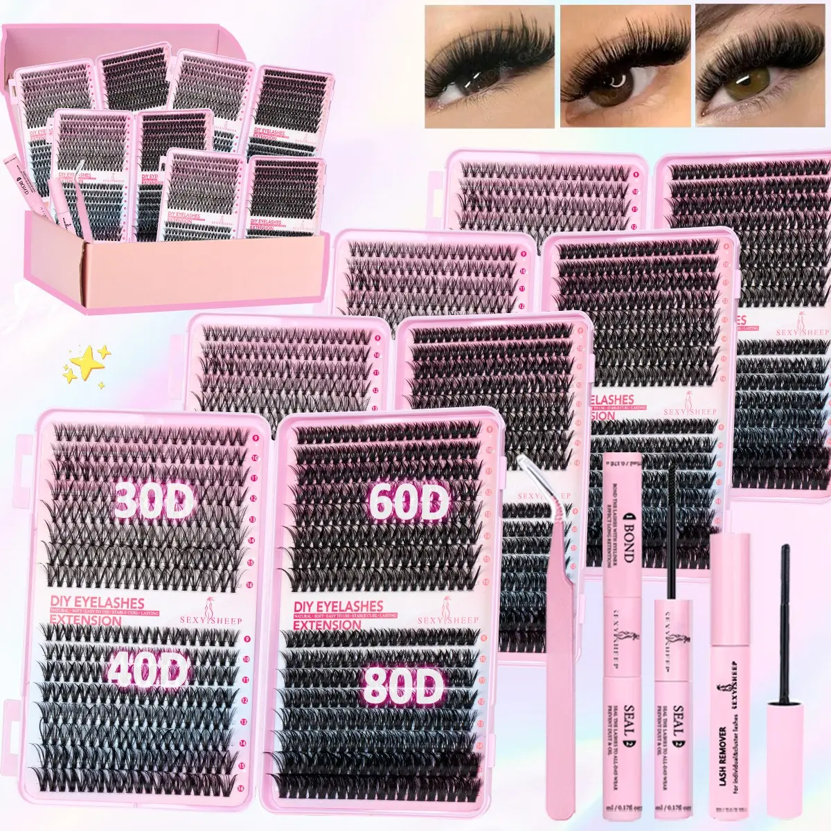 Lash Clusters Kit, 2560-Piece 9–16 mm D Curl 30D/40D/60D/80D Natural Volume Individual Eyelashes Book Set with Bond & Seal, Remover and Tweezers, Perfect for DIY Eyelash Extensions at Home for Women and Beginners