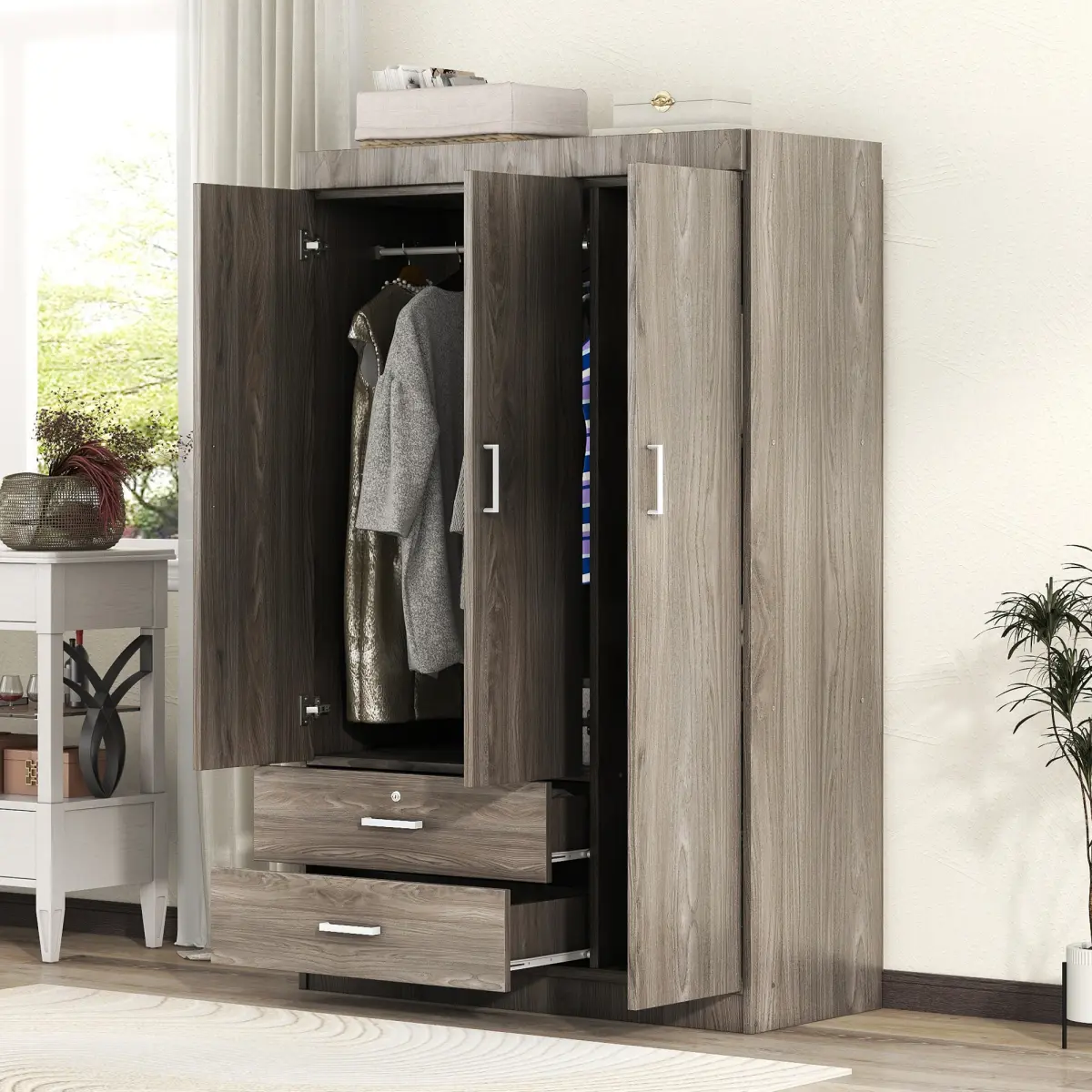 Wardrobe with 3-Door and 2 Drawers, Wood Grain Effect in Gray